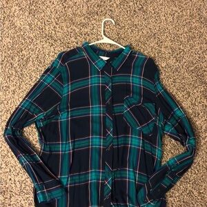 Time and Tru Navy and Teal Plaid Button-Down Shirt